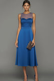 Blue Satin Jewel Neck A Line Midi Wedding Guest Dress