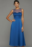 Blue Satin Jewel Neck A Line Midi Wedding Guest Dress