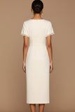 White Bodycon Jewel Neck Midi Wedding Reception Dress with Sleeves