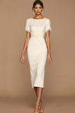 Leely Women White Ruched Midi Wedding Reception Dress with Sleeves Bodycon Jewel Neck Engagement Dress