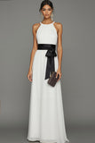 White Jewel Neck Chiffon Long Wedding Reception Dress with Bow