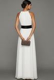 White Jewel Neck Chiffon Long Wedding Reception Dress with Bow