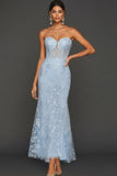 Floral Sky Blue Sweetheart Mermaid Lace Long Corset Prom Dress