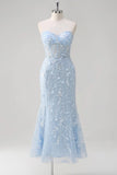 Floral Sky Blue Sweetheart Mermaid Lace Long Corset Prom Dress