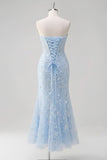 Floral Sky Blue Sweetheart Mermaid Lace Long Corset Prom Dress