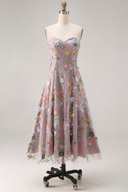Mauve Floral Sweetheart A Line Embroidered Midi Prom Dress