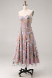 Mauve Floral Sweetheart A Line Embroidered Midi Prom Dress