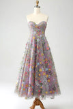 Plus Size Floral Mauve A Line Sweetheart Midi Embroidered Prom Dress