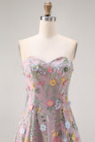 Mauve Floral Sweetheart A Line Embroidered Midi Prom Dress