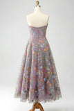Plus Size Floral Mauve A Line Sweetheart Midi Embroidered Prom Dress