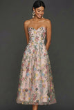 Mauve Floral Sweetheart A Line Embroidered Midi Prom Dress