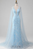 Floral Light Blue Mermaid V-Neck Lace Long Prom Dress with Cape
