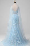 Floral Light Blue Mermaid V-Neck Lace Long Prom Dress with Cape