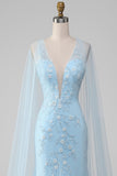 Floral Light Blue Mermaid V-Neck Lace Long Prom Dress with Cape