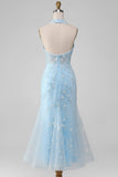 Floral Light Blue Mermaid Backless Lace Midi Prom Dress