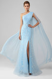 Floral Light Blue Mermaid Backless Lace Long Prom Dress with Cape