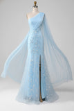Floral Light Blue Mermaid Backless Lace Long Prom Dress with Cape
