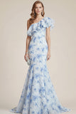 Blue Floral One Shoulder Mermaid Long Bridesmaid Dress with Ruffles
