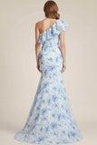 Blue Floral One Shoulder Mermaid Long Bridesmaid Dress with Ruffles