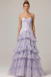 Floral Lilac Ruffled A Line Tiered Long Corset Prom Dress