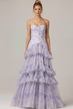 Floral Lilac Ruffled A Line Tiered Long Corset Prom Dress