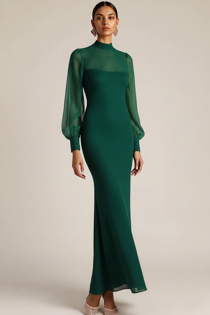 Leely Women Emerald Green Long Wedding Guest Dress High Neck Mermaid