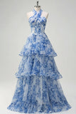 Floral Blue Ruffled Criss Cross Neck Tiered Long Corset Prom Dress