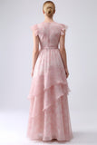 Floral Blush Tiered A Line Long Bridesmaid Dress with Ruffles