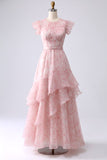 Floral Blush Tiered A Line Long Bridesmaid Dress with Ruffles