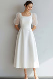 White A Line Square Neck Maxi Wedding Reception Dress with Sleeves