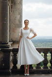 White A Line Square Neck Maxi Wedding Reception Dress with Sleeves
