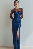 Sparkly Blue Sequin Bateau Neck Sheath Long Evening Dress with Slit