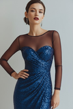 Sparkly Blue Sequin Bateau Neck Sheath Long Evening Dress with Slit