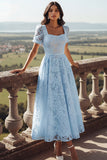 White Lace Square Neck Long Wedding Reception Dress with Sleeves