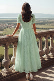 White Lace Square Neck Long Wedding Reception Dress with Sleeves