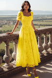 White Lace Square Neck Long Wedding Reception Dress with Sleeves