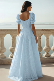 White Lace Square Neck A Line Long Wedding Reception Dress