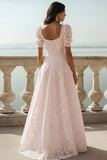 White Lace Square Neck A Line Long Wedding Reception Dress