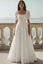 White Lace Square Neck A Line Long Wedding Reception Dress
