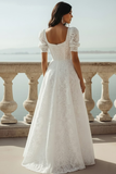 White Lace Square Neck A Line Long Wedding Reception Dress