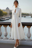 White High Neck A Line Long Wedding Reception Dress with Keyhole