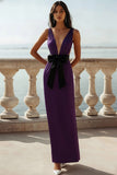 White Sheath Deep V-Neck Long Wedding Reception Dress with Bow