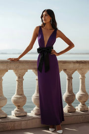Dark Purple Deep V-Neck Long Wedding Guest Dress with Bow