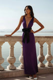 White Sheath Deep V-Neck Long Wedding Reception Dress with Bow