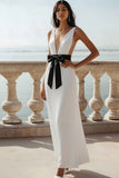 White Sheath Deep V-Neck Long Wedding Reception Dress with Bow