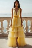 Light Yellow High-Low V-Neck Tiered Tulle Long Prom Dress with Bow