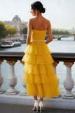 Yellow Ruffles Tulle Tiered Long Prom Dress with Belt