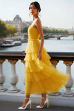 Yellow Ruffles Tulle Tiered Long Prom Dress with Belt