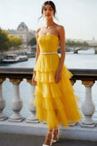Yellow Ruffles Tulle Tiered Long Prom Dress with Belt