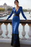 Blue Mermaid Satin V-Neck Long Formal Dress with Lace